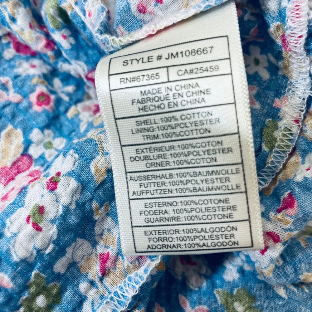 Betsey Johnson Blue Floral Smocked Mini Dress Puff Sleeve Pink Trim  M - Picture 5 of 8
